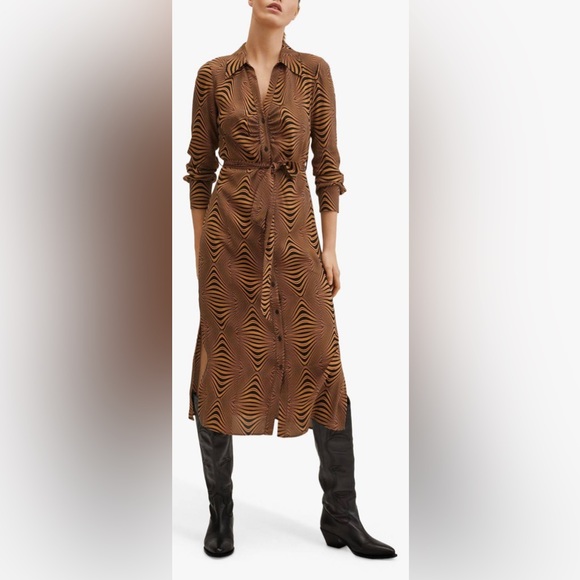 Mango Dresses & Skirts - MANGO Brown & Black Printed Button Up Retro Dress W/belt Size 2 (XS) NWT